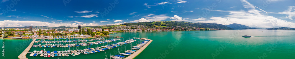 Aerial view of Zug old town with colorful houses, Zugersee and Rigi mountain, Zug, Switzerland, Europe