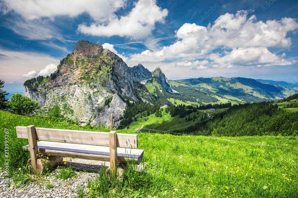 Beautiful summer landscape of Switzerland with Grosser Mythen mountain and green meadows, Ibergeregg, Switzerland, Europe