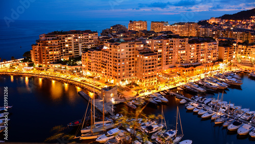 Night view of Fontvieille ward (district) of Monaco. The apartments located in the district are among the most expensive in the world