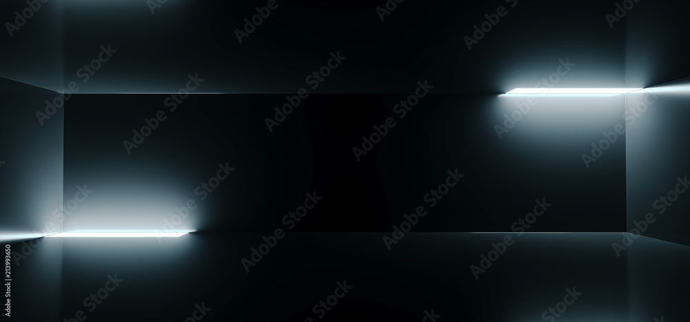 Futuristic Sci Fi Empty Dark Room With Reflection And Glowing Lights On The Sides Empty Space For Text 3D Rendering