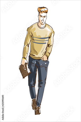 Fashion man vector illustration. Fashion man with modern hair style and casual sweater and lether handbag. Fashion model guy sketch