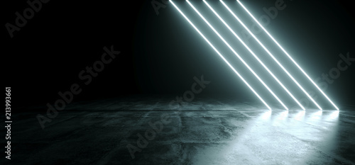 Futuristic Sci Fi White Neon Glowing Line Lights In Empty Dark Room With Concrete Floor WIth Reflections And Empty Space For Text 3D Rendering