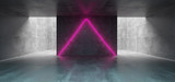 Empty Underground Concrete Corridor Room With Arrow Neon Purple Glowing Sign In Middle 3D Rendering