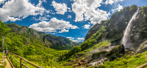 Foroglio waterfall with Swiss Alps in cantonTicino, Bavona valley, Switzerland, Europe photo