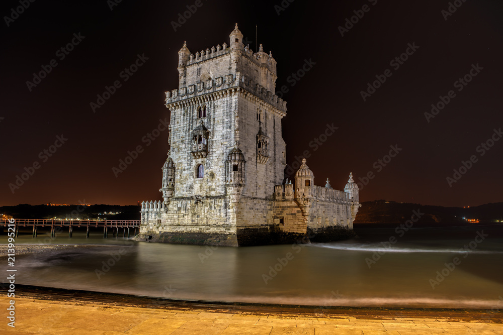 Portugal, Lisbon, view of the belem tower at night . Historical monument
