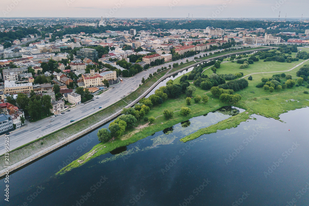 Aerial view of Nemunas Island in Kaunas, Lithuania