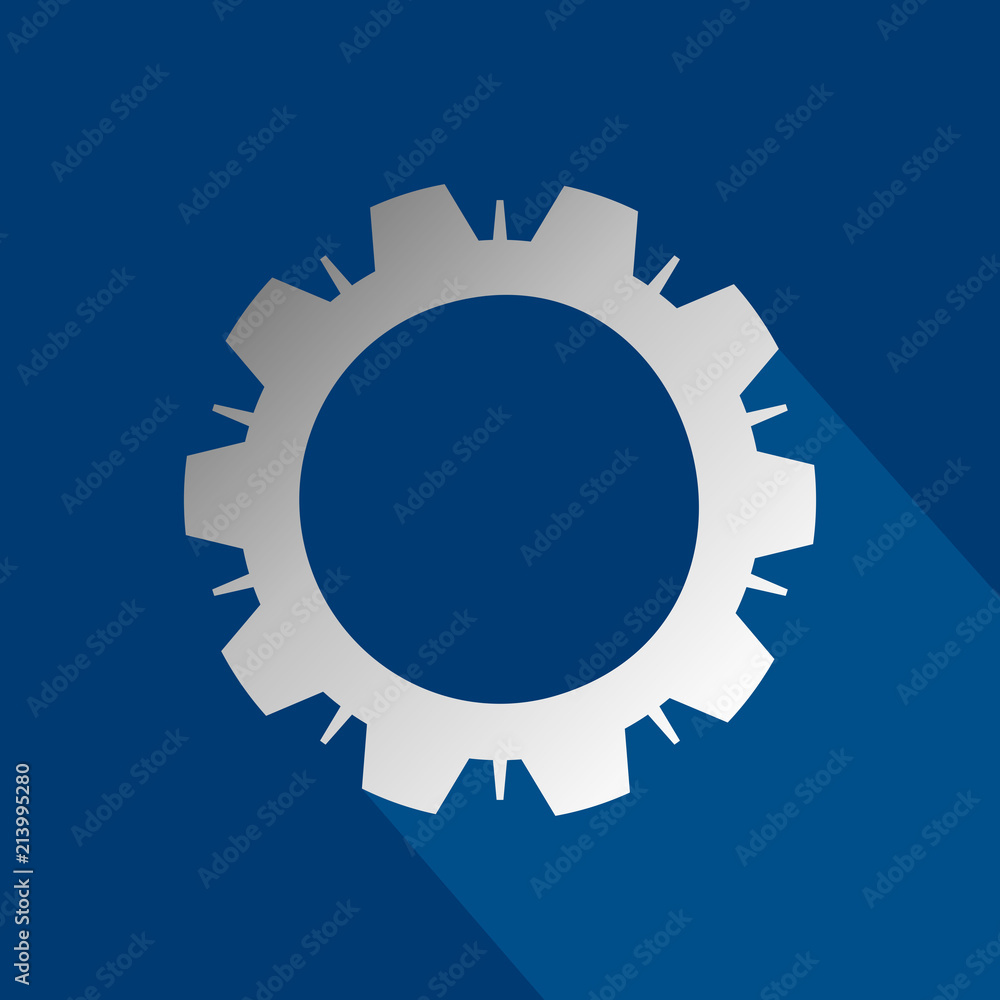 Flat icon of gear with long shadow.