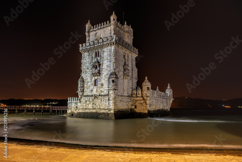 Portugal, Lisbon, view of the belem tower at night . Historical monument