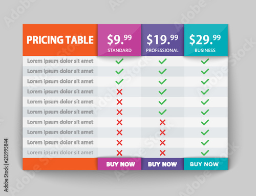 Creative business plans web comparison pricing table. Design modern banner list. Abstract concept graphic websites, applications element. Vector EPS10 illustration. Colorful 3d chart.