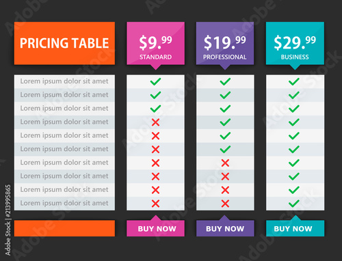 Creative business plans web comparison pricing table. Design modern banner list. Abstract concept graphic websites, applications element. Vector EPS10 illustration. Colorful 3d chart.