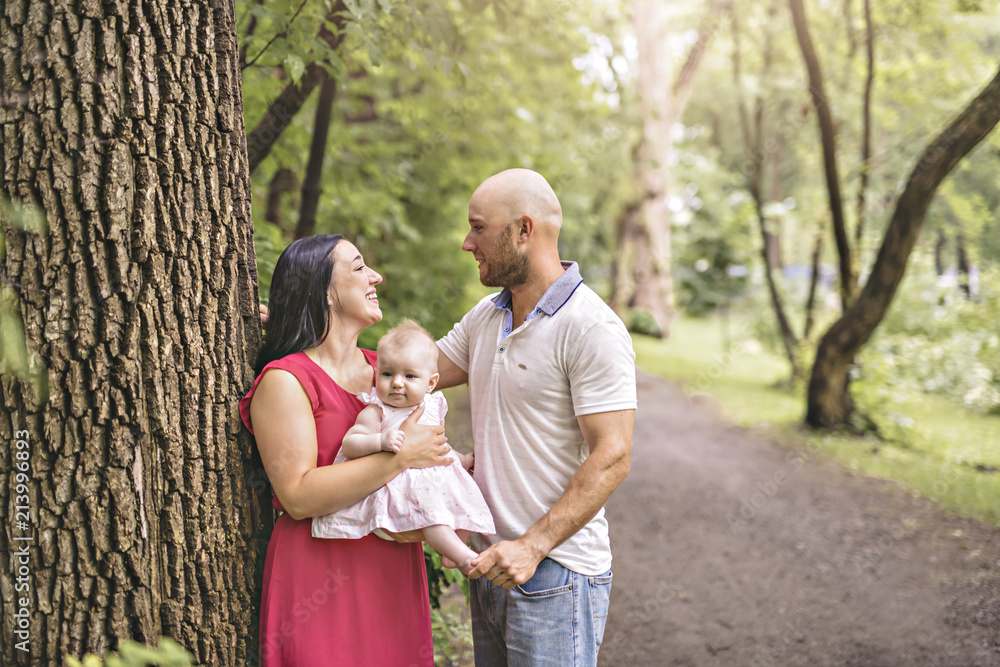 Father Mother and daughter baby in summer meadow park Father Mother and daughter baby in summer meadow park