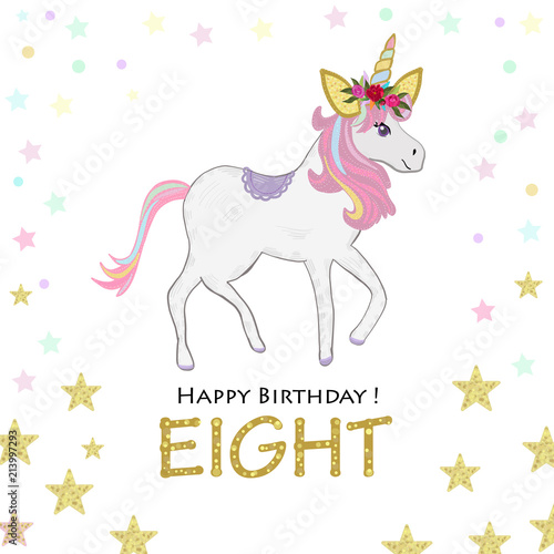 Eighth birthdhay greeting. Eight. Magical Unicorn Birthday invitation. Party invitation greeting card