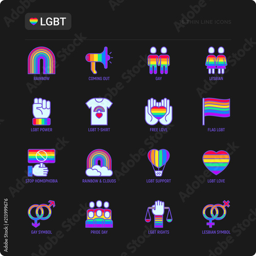 LGBT thin line icons set: gay, lesbian, rainbow, coming out, free love, flag, support, stop homophobia, LGBT rights, pride day. Modern vector illustration for black theme.