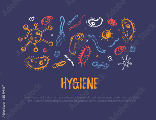 Hand drawn grunge germ and bacteria banner for disease viruses flyers, brochures. Colorful flat vector illustration on dark background.
