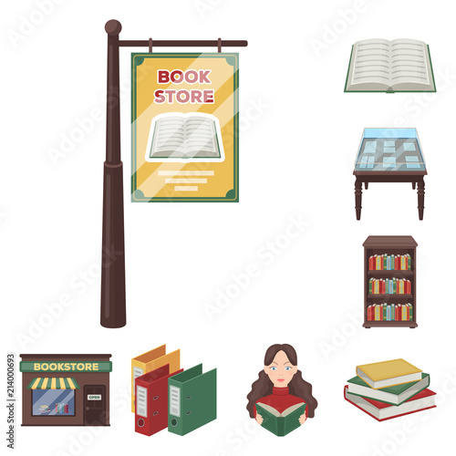 Library and bookstore cartoon icons in set collection for design. Books and furnishings vector symbol stock web illustration.