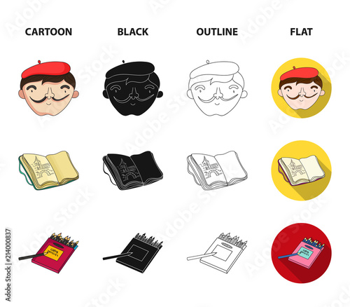 Geometric still life, a self-portrait of the artist, a notebook with drawings, a box of colored pencils.Artist and drawing set collection icons in cartoon,black,outline,flat style vector symbol stock