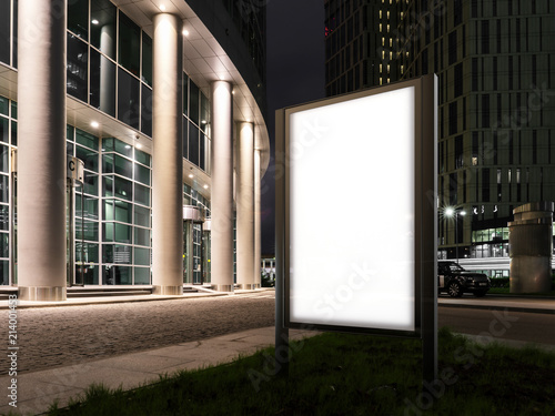 Blank illuminated banner at twilight next to business center. 3d rendering