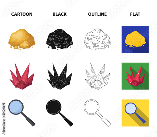 A jeweler hammer, a magnifier, a copper ore, a crystal. Precious minerals and a jeweler set collection icons in cartoon,black,outline,flat style vector symbol stock illustration web.