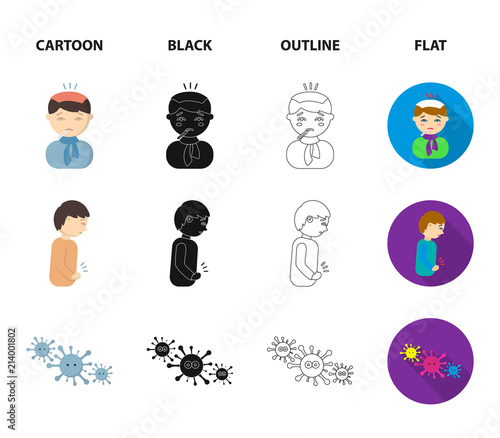 Under a tap with water wash their hands, the patient with a hot-water bottle with ice on his head in a scarf, a man has abdominal pain, viruses, microbes. Sick set collection icons in cartoon,black