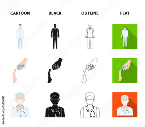 Doctor in a face mask, dentist, medical staff, a blood test for sugar. Medicineset collection icons in cartoon,black,outline,flat style vector symbol stock illustration web.