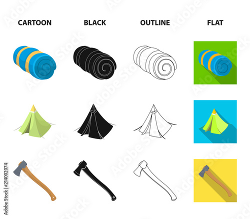 Tent with awning, ax and other accessories.Tent set collection icons in cartoon,black,outline,flat style vector symbol stock illustration web.