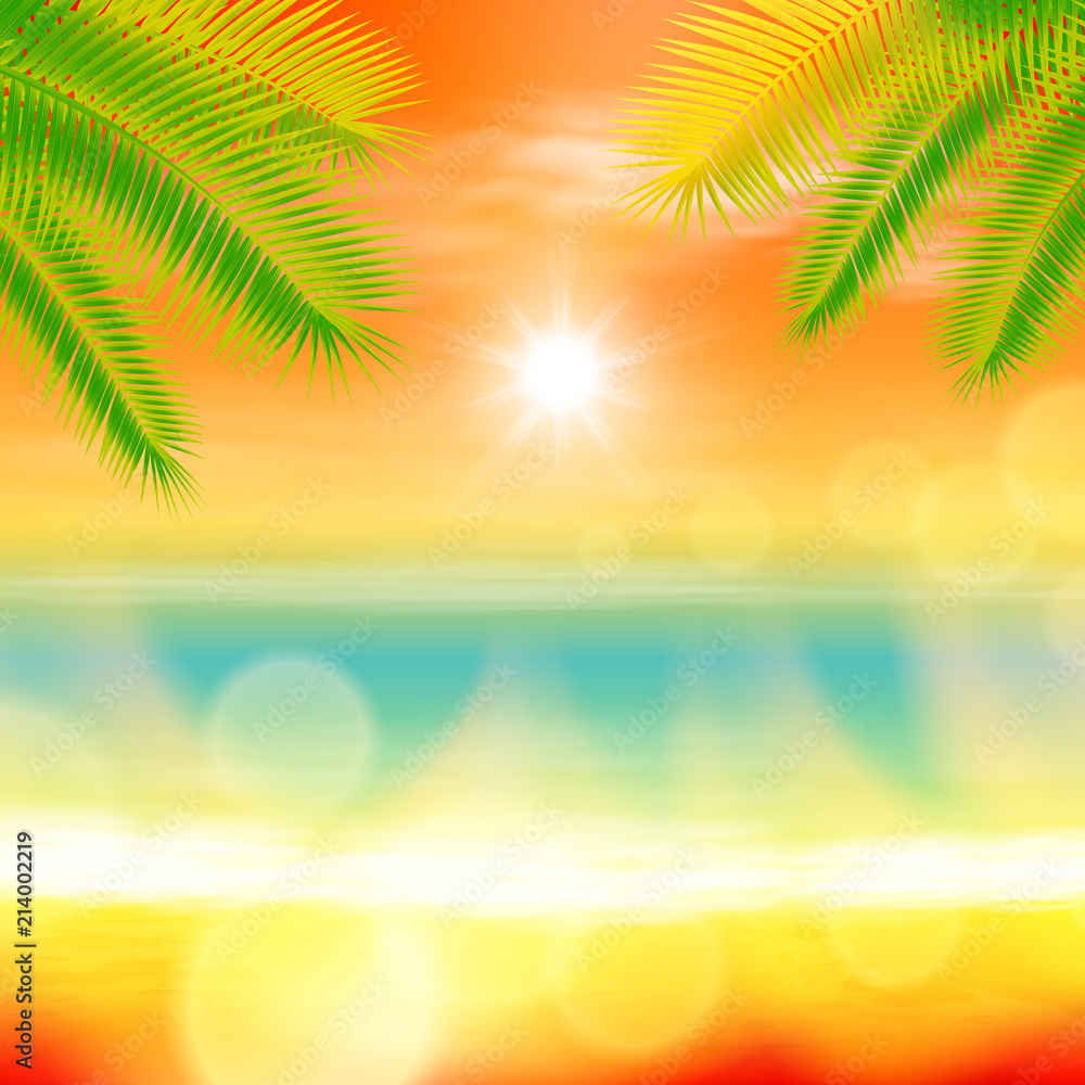 Sea summer sunset with palmtree leaves and light on lens. Orange summer background. EPS10 vector.