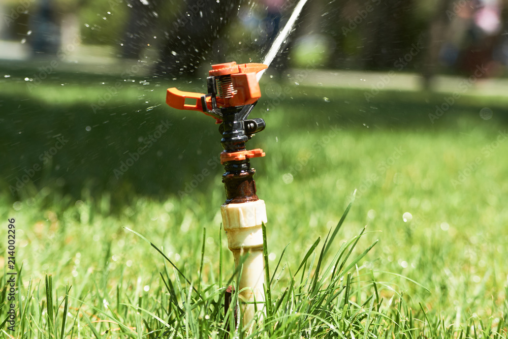 Close up sprinklers spraying water on grass lawn irrigation at early morning. Smart garden activated with full automatic watering. Eco irrigation system Close up sprinklers spraying water on grass lawn irrigation at early morning. Smart garden activated with full automatic watering. Eco irrigation system