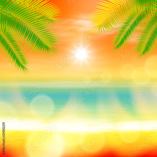 Sea summer sunset with palmtree leaves and light on lens. Orange summer background. EPS10 vector. © hamara