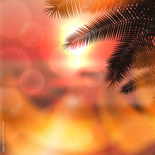 Sea summer sunset with palmtree leaves and light on lens. Red summer background. EPS10 vector.