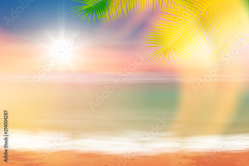 Beach and tropical sea with bright sun and palmtree leaves. Colorful summer background. EPS10 vector. © hamara