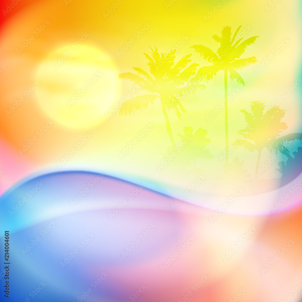 Water wave and island with palm trees in sunset time. Orange summer background. EPS10 vector.