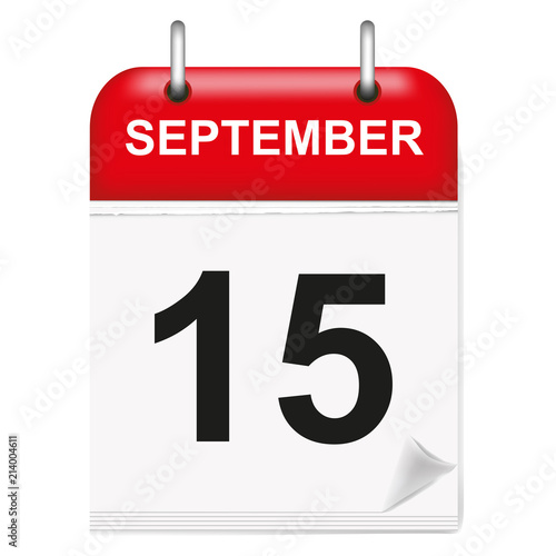 Daily calendar of single-leaf rings, red spine, 3d,september,15,15th,fifteenth.Vector illustration