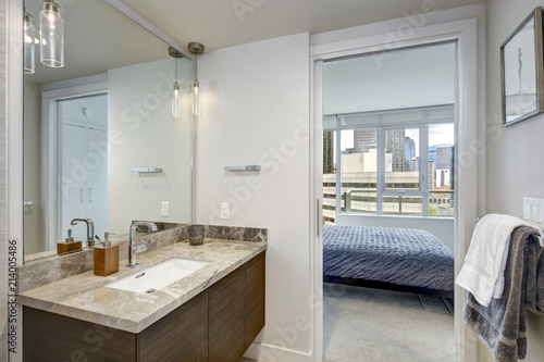 Luxury stylish condo bathroom design with marble vanity cabinet.