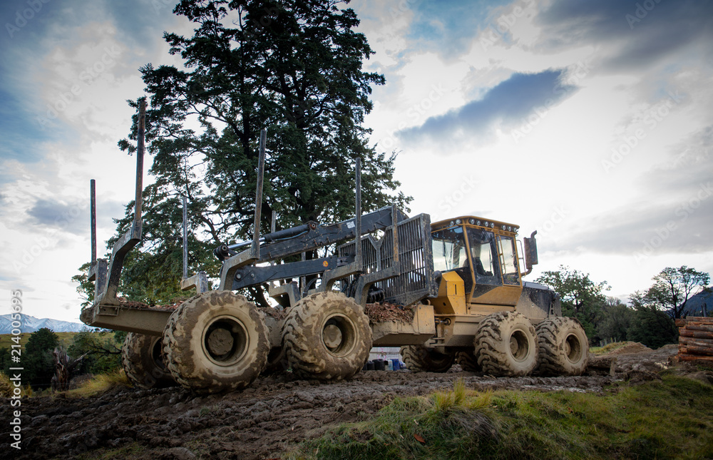 Heavy yellow logging machinery used at a logging and forestry site Heavy yellow logging machinery used at a logging and forestry site