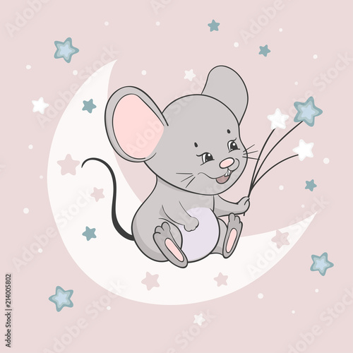 Cute little mouse on the moon. Sweet dreams vector illustration for kids