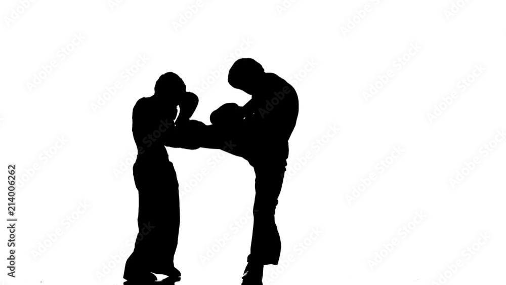 Girl is kicking the guy they are sparring for kickboxing . Silhouette. White background Girl is kicking the guy they are sparring for kickboxing . Silhouette. White background