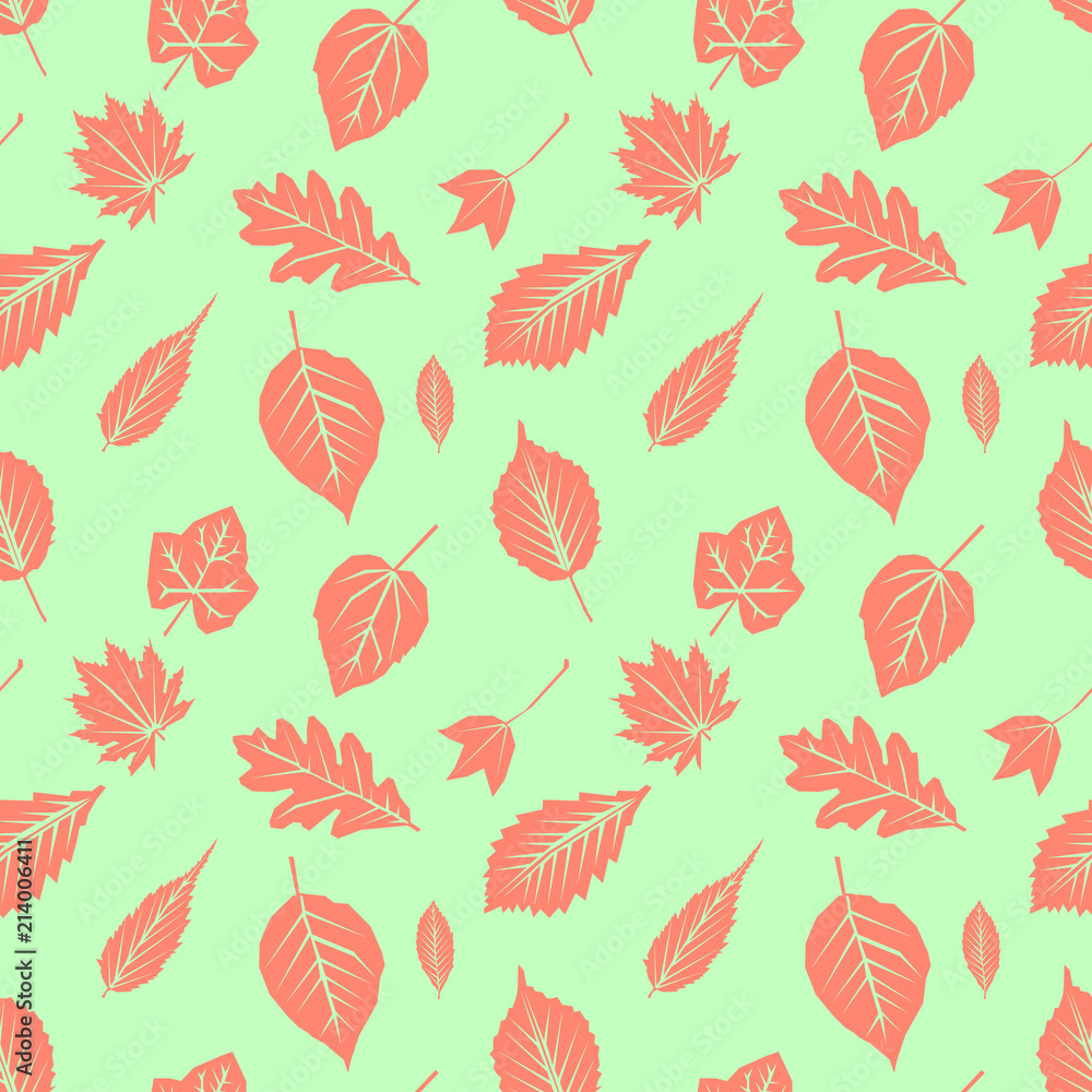 Obraz premium Seamless decorative template texture with leaves. Seamless stylized leaf pattern. Flat style, vector illustration.
