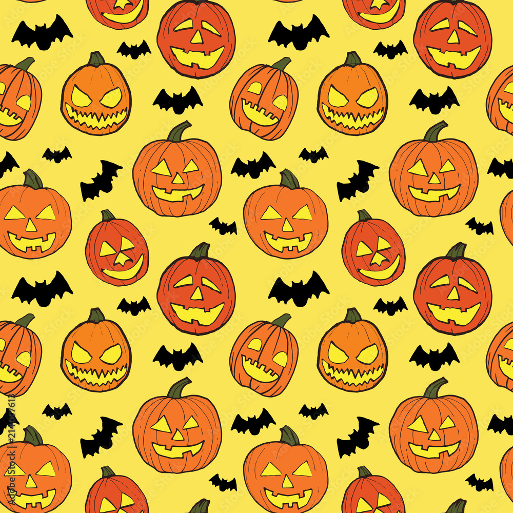Halloween seamless vector pattern with hand drawn orange pumpkins carved faces and black bats on yellow background. Halloween seamless vector pattern with hand drawn orange pumpkins carved faces and black bats on yellow background.