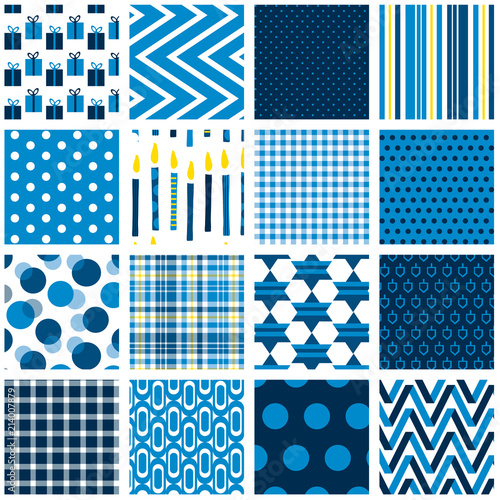 Hanukkah seamless pattern set. Chanukah repeating patterns for gift wrap, cards, gift tags, gift bags and more. Blue and yellow, star, dreidel, chevron, polka dot, stripe plaid and geometric prints.