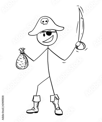 Cartoon stick drawing conceptual illustration of pirate with eye patch, sabre and bag of gold.