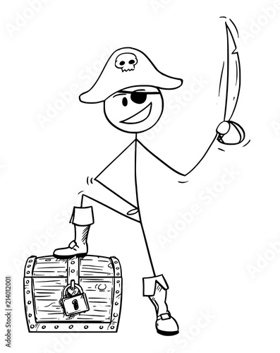 Cartoon stick drawing conceptual illustration of pirate with eye patch, sabre and treasure chest.