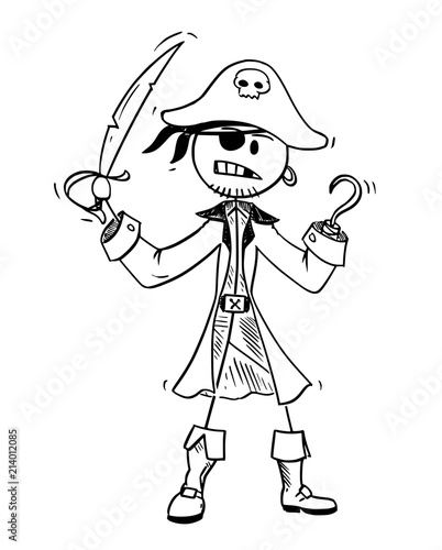 Cartoon stick drawing conceptual illustration of pirate with eye patch, sabre and hook.