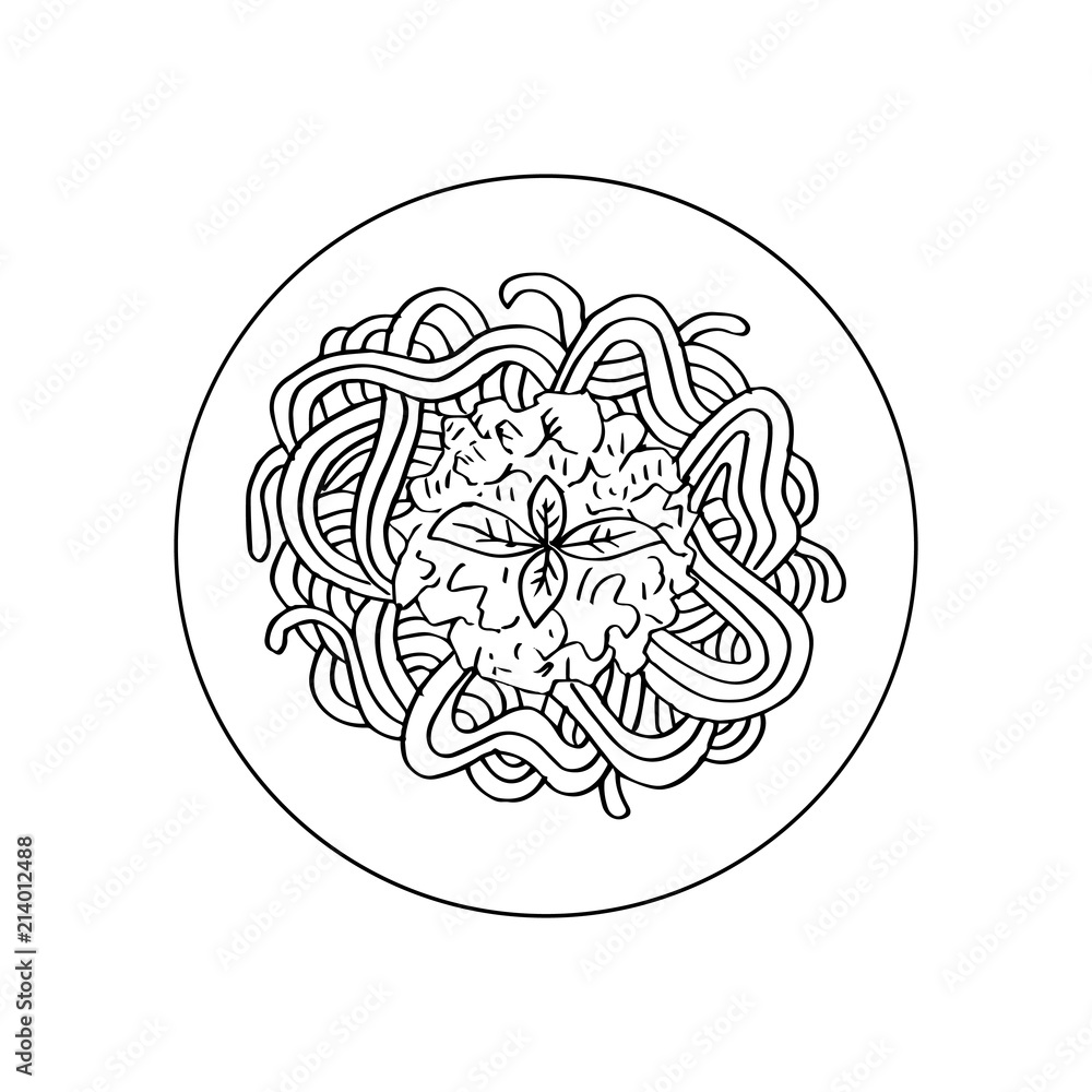 Doodle of pasta on a plate. Hand drawing illustration.