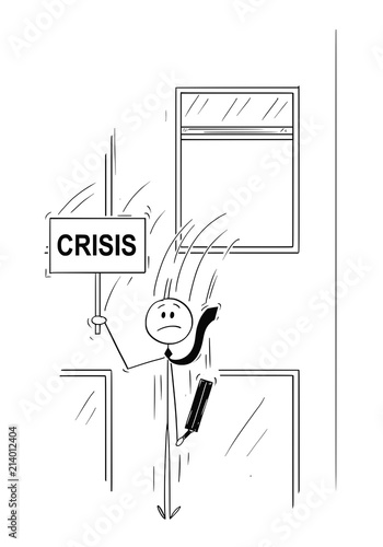 Cartoon stick man drawing conceptual illustration of businessman or banker jumping out of the window and holding sign with crisis text. Business concept of financial crisis or bankruptcy.