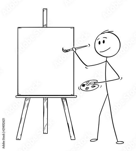 Cartoon stick drawing illustration of artist holding brush and palette and ready to paint on the canvas on easel.