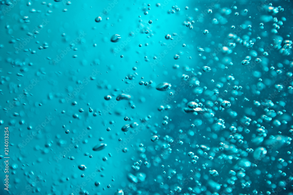 Blue clear water with bubbles, abstract liquid background - obrazy, fototapety, plakaty 