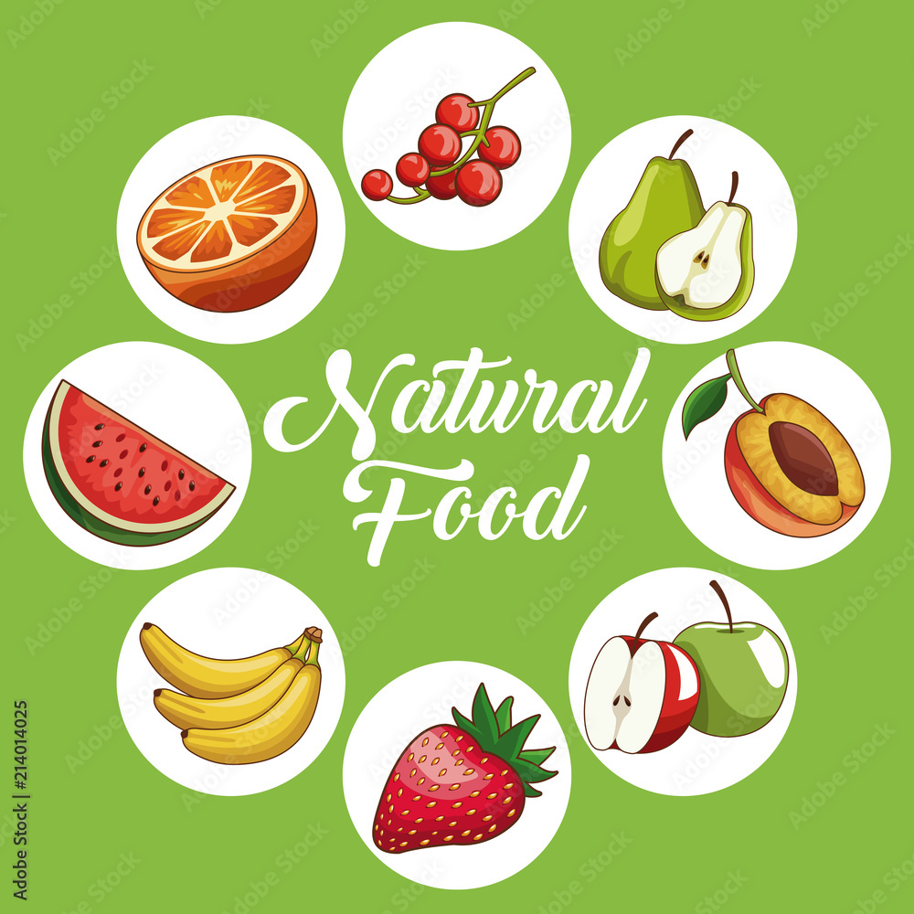 Natural and organic fruits in round icons vector illustration graphic design Natural and organic fruits in round icons vector illustration graphic design