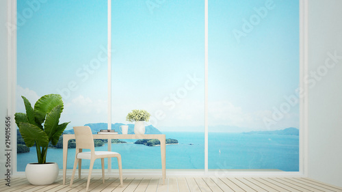 Workplace and empty space  in condominium or home office on seascpae background - Study room and sea view in apartment or hotel - 3D Rendering