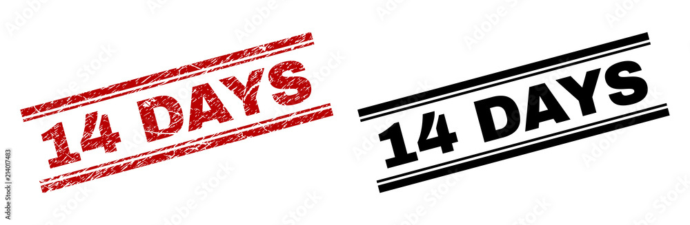 14 DAYS stamp seal watermark with red grunge and clean black version. Red vector rubber print of 14 DAYS text with grunge style. Titles are placed between double parallel lines. 14 DAYS stamp seal watermark with red grunge and clean black version. Red vector rubber print of 14 DAYS text with grunge style. Titles are placed between double parallel lines.