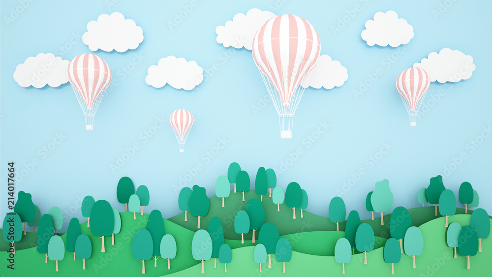 Illustration of hot air balloons on mountain and sky background. Artwork  for balloon international festival. paper cut or craft   illustration. Stock Illustration | Adobe Stock
